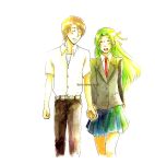  5656yuri blonde_hair couple green_hair hair_ribbon hand_holding higurashi_no_naku_koro_ni holding_hands houjou_satoshi ribbon school_uniform sonozaki_shion 