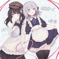  2girls :d alternate_costume apron black_dress black_hair black_thighhighs blue_ribbon brown_hat closed_mouth collared_dress commentary_request dress feet_out_of_frame frilled_apron frills grey_eyes grey_hair hat heart heart_of_string highres holding holding_hands holding_tray interlocked_fingers kurobe_nanoka kurobe_nanoka's_sister long_hair long_sleeves looking_at_viewer mahou_shoujo_no_majo_saiban maid mozzs multiple_girls neck_ribbon open_mouth puffy_short_sleeves puffy_sleeves ribbon short_hair short_sleeves siblings sisters skirt_hold smile spoilers standing thigh-highs translation_request tray treasure_cafe twintails violet_eyes waist_apron waitress white_apron 