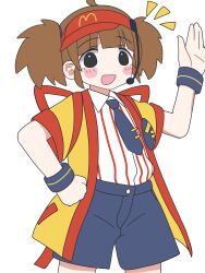  1girl ahoge black_eyes blue_necktie blue_shorts blush_stickers brown_hair commentary_request cowboy_shot gumakara hand_on_own_hip headset highres imadake_dabuchi_tabemi mcdonald's necktie open_mouth shorts smile solo twintails visor_cap wrist_cuffs yellow_happi 