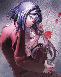  1boy 1girl black_hairband black_sailor_collar blood blood_splatter brother_and_sister chinese_commentary closed_mouth colored_eyelashes commentary_request constricted_pupils grey_background hair_bun hairband hand_on_another's_back hand_on_another's_head highres jacket long_hair long_sleeves medium_hair pink_eyes pink_hair purple_hair red_jacket red_shirt sailor_collar sailor_shirt shirt siblings sweat the_hundred_line_-last_defense_academy- tsukumo_ima tsukumo_kako tsurime twins twintails yichuan 