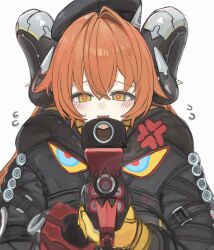  1girl ammunition anger_vein black_hat black_horns black_jacket blush commentary crossed_bangs curled_horns flying_sweatdrops fuyu_yafunu gloves green_eyes gun hair_between_eyes hair_intakes hat highres holding holding_gun holding_weapon horns jacket long_hair looking_at_another magus_(zenless_zone_zero) mechanical_horns open_mouth orange_hair orange_pupils orphie_magnusson simple_background sweat symbol-only_commentary upper_body weapon white_background yellow_gloves zenless_zone_zero 