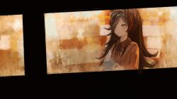  1girl :/ absurdres asymmetrical_bangs black_ribbon blurry blurry_background bow bow_hairband breasts brown_dress brown_hair closed_mouth collared_dress commentary condensation cup dress flipped_hair from_outside garoppui grey_bow grey_hairband hair_over_one_eye hairband highres holding holding_cup long_bangs long_hair long_sleeves looking_ahead neck_ribbon official_alternate_costume one_eye_covered pink_eyes ribbon rice_shower_(casual)_(umamusume) rice_shower_(umamusume) small_breasts solo steam umamusume window window_fog 