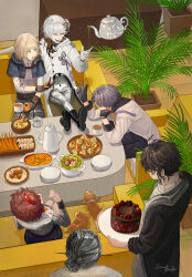  1other 2girls 3boys anger_vein beagle black_boots black_coat black_hair black_shorts blonde_hair blue_cloak blue_eyes booth_seating boots bowl brown_gloves brown_pants cake chocolate_cake cloak coat colored_tips crossed_legs cup dim_sum dog dress enigma_(reverse:1999) ezra_theodore facing_another feet_on_table food from_above fruit gloves grey_dress grey_gloves grey_hair grey_pants hair_bun highres holding holding_cup holding_tray index_finger_raised indoors lucy_(reverse:1999) medicine_pocket mesmer_jr. metal_hair mug multicolored_hair multiple_boys multiple_girls pants plant potted_plant pouring reverse:1999 robot_girl sandkessho shirt short_hair shorts sitting strawberry strawberry_cake table teapot tray white_coat white_gloves white_hair white_shirt wooden_floor x_(reverse:1999) yellow_eyes 
