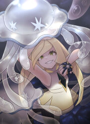  1girl 517pomme absurdres arm_up beast_ball black_pantyhose blonde_hair brown_eyes commentary_request crazy_smile dark_background dress highres holding holding_poke_ball long_hair lusamine_(pokemon) nihilego pantyhose poke_ball pokemon pokemon_(creature) pokemon_sm sleeveless sleeveless_dress smile white_dress 