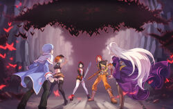  2boys 3girls ankle_strap artist_request badge bare_shoulders belt belt_buckle beret black_boots black_gloves black_hair black_leotard black_pants black_shirt black_shoes black_shorts black_sleeves blue_coat blue_hair blue_sleeves boots breasts brown_belt brown_boots brown_eyes brown_shoes brown_thighhighs buckle bug butterfly buttons capelet cave cave_interior closed_mouth coat collared_capelet collared_shirt crop_top cropped_shirt crossed_belts floating floating_clothes floating_object full_body gloves gold_belt gold_buttons green_eyes hair_tie hat high_heels holding holding_polearm holding_sword holding_weapon ispin_charles jacket jewelry juliet_sleeves lanziee_rozen_kranz large_belt large_breasts layered_skirt legs_apart leotard long_hair long_skirt long_sleeves loose_belt low_ponytail medium_breasts medium_hair midair midriff mila_nebraska military_hat military_jacket military_uniform multicolored_jacket multiple_boys multiple_girls muscular muscular_male necklace nexon official_art open_mouth orange_gloves orange_hair orange_pants pants plain_epaulettes polearm ponytail puffy_sleeves purple_skirt purple_sleeves red_belt red_butterfly red_hair red_hat red_jacket ribbed_leotard roamini second-party_source shadow shirt shoes short_hair shorts shoulder_belt showgirl_skirt sidelocks sivelin_uuo skinny skirt skull_necklace sleeve_cuffs sleeveless sleeveless_jacket sleeveless_shirt spear straight_hair strapless strapless_leotard sword tales_weaver thigh-highs thigh_boots turtleneck turtleneck_shirt two-tone_jacket underbust undershirt very_long_hair weapon white_capelet white_gloves white_hair white_jacket white_thighhighs wing_collar yellow_eyes yellow_trim 