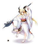  axe bardiche blonde_hair fate_testarossa footwear japanese_clothes kimono long_hair lyrical_nanoha mahou_shoujo_lyrical_nanoha red_eyes sandals socks solo tebukuro twintails weapon 