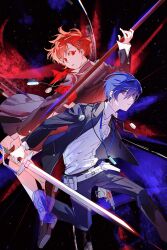  1boy 1girl absurdres armband back-to-back black_background black_jacket black_pants black_ribbon black_shoes black_skirt blue_eyes blue_hair bow bowtie clar_sona closed_mouth digital_walkman dress_shirt earphones_removed evoker gekkoukan_high_school_uniform gun hair_between_eyes hair_ornament hairclip highres holding holding_behind_back holding_gun holding_sword holding_weapon holding_weapon_behind_back holster jacket long_sleeves looking_at_another mp3_player pants parted_lips persona persona_3 persona_3_portable red_armband red_bow red_bowtie red_eyes red_hair ribbon s.e.e.s school_uniform shiomi_kotone shirt shoes short_hair skirt sword walkman_nw-s203f weapon white_shirt yuuki_makoto_(persona_3) 