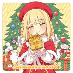  1girl beret blonde_hair blush bow box braid capelet christmas christmas_present christmas_tree closed_mouth commentary_request fur-trimmed_capelet fur_trim gift gift_box hair_bow hat holding holding_gift long_hair long_sleeves looking_at_viewer onyhakase original puffy_long_sleeves puffy_sleeves red_capelet red_hat red_skirt santa_costume shirt skirt smile solo straight-on stuffed_animal stuffed_toy teddy_bear twin_braids white_bow white_shirt yellow_eyes 