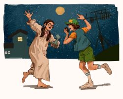  1boy 1girl barefoot baseball_cap black_hair brown_hair c-fish commentary_request dustin_henderson glasses hat highres holding holding_walkie-talkie long_hair low_twintails moon night nightgown pajamas short_hair shorts stranger_things suzie_bingham twintails vest walkie-talkie 