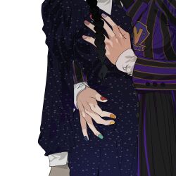  2girls black_dress black_hair black_jacket black_skirt braid dress enid_sinclair head_out_of_frame highres hug jacket long_hair multicolored_nails multiple_girls nail_polish nevermore_academy_school_uniform purple_jacket purple_skirt school_uniform simple_background skirt striped_clothes striped_jacket striped_skirt the_addams_family tuxiaoning_not wednesday_(netflix) wednesday_addams white_background yuri 