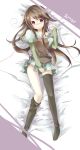 artist_request bad_id bed_sheet brown_hair highres lying mishima_kurone original purple_eyes sheet_grab shy sock_pull solo source_request thigh-highs thighhighs violet_eyes 
