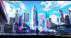  1other amazon_(company) ambiguous_gender blue_sky border bridge building cityscape clouds cloudy_sky commentary day english_commentary from_behind gjb870216 google highres original outdoors scenery silhouette sky skyline skyscraper standing 