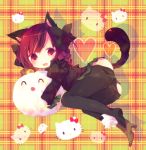  :o ana_(rznuscrf) animal_ears bad_id bow braid cat_ears cat_tail doll doll_hug hair_bow hello_kitty high_heels highres kaenbyou_rin pantyhose pantyhose_pull plaid plaid_background red_eyes red_hair shoes single_shoe solo tail touhou twin_braids twintails 