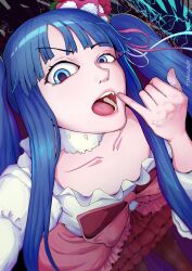  1girl blue_eyes blue_hair blunt_bangs bow choker dress fang fin_naubot flower frilled_skirt frills furudo_erika hair_flower hair_ornament hat highres long_hair looking_at_viewer open_mouth pantyhose pink_bow print_pantyhose ribbon rose skirt solo teeth twintails umineko_no_naku_koro_ni 