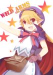  bag belt blonde_hair bow brown_eyes cape dress fang goggles goggles_on_head hand_on_hip happy hat heart hips johnny_funamushi long_hair marivel_armitage open_mouth pointy_ears ribbon solo star title_drop vampire wild_arms wild_arms_2 