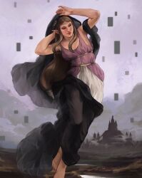  1girl arms_up barefoot black_cloak brown_hair castle circlet cloak commentary dress english_commentary fine_art_parody highres long_hair mimimaru night_(bouguereau) outdoors overcast parody pointy_ears princess_zelda sidelocks sky solo the_legend_of_zelda the_legend_of_zelda:_twilight_princess 