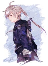  1boy absurdres ahoge alphinaud_leveilleur black_gloves blue_coat blue_eyes closed_mouth coat cropped_legs earrings elezen elf final_fantasy final_fantasy_xiv floating_hair gloves grey_hair highres hood hood_down hooded_coat hutaba_0718 jewelry long_pointy_ears long_sleeves looking_to_the_side male_focus parted_bangs piercing pointy_ears ponytail sideways_glance smile solo 