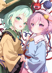 2girls absurdres ahoge black_hat blue_shirt blush buttons commentary contrast_collar diamond_button frilled_sailor_collar frilled_sleeves frills furrowed_brow green_hair green_sailor_collar hat heart_button hi_mi_zu highres holding_hands interlocked_fingers komeiji_koishi komeiji_satori long_sleeves looking_at_viewer looking_to_the_side multiple_girls pink_hair sailor_collar shirt siblings simple_background sisters smile third_eye touhou white_background white_sailor_collar yellow_shirt 