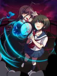  2girls ahoge black_shoes black_skirt black_socks blue_sailor_collar blue_skirt blush clouds collarbone collared_shirt criis-chan danganronpa_(series) danganronpa_another_episode:_ultra_despair_girls eyelashes fukawa_toko genocider_shou glasses green_eyes green_hair hair_between_eyes hair_ornament hairclip holding holding_scissors holding_weapon long_skirt long_tongue monokuma multiple_girls naegi_komaru necktie purple_hair red_necktie round_eyewear sailor_collar school_uniform scissors serafuku shirt shoes short_hair skirt sky socks standing sweatdrop tongue tongue_out tumblr_username violet_eyes weapon web_address white_shirt white_shoes 