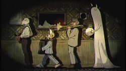  10xxx05 1other 3boys accordion acoustic_guitar bald black_pants black_shoes blue_pajamas brown_shoes collared_shirt facial_hair from_side ghost glasses goat goat_horns grey_jacket grey_pants grey_suit guitar highres holding holding_guitar holding_instrument holding_trombone horns indoors instrument jacket male_focus mask multiple_boys mustache old old_man original painting_(object) pajamas pants round_eyewear shirt shoes short_hair slippers spotlight suit suit_jacket suspenders tambourine trombone walking wallpaper_(object) white_hair white_shirt white_slippers 