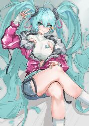  1girl absurdres aqua_eyes aqua_hair armpit_cutout breasts clothing_cutout commentary_request crop_top crossed_legs hair_ornament hair_scrunchie hatsune_miku highres invisible_chair jacket long_hair medium_breasts midriff nakirikea pink_jacket scrunchie short_shorts shorts sitting sleeves_past_wrists smile socks solo twintails very_long_hair vocaloid w white_socks 