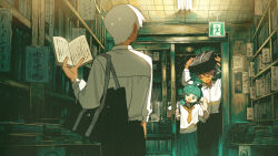  1girl 2girls absurdres ahoge ahoge_girl_(jimini_shijimi) aqua_eyes aqua_hair aqua_sailor_collar aqua_skirt arm_at_side bag bag_over_head black_hair black_pants book bookshelf collared_shirt commentary english_commentary glass_door hand_up hands_up highres holding holding_bag holding_book indoors jimini_shijimi library multiple_girls neckerchief no_humans open_book open_mouth orange_neckerchief original pants pile_of_books pleated_skirt sailor_collar school_bag school_uniform serafuku shirt short_hair short_sleeves shoulder_bag skirt slice_of_life sliding_doors standing very_short_hair waving white-haired_man_(jimini_shijimi) white_shirt wing_collar 