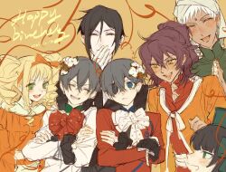  2girls 5boys agni_(kuroshitsuji) black_hair black_jacket blonde_hair blue_eyes bow bowtie brothers cardigan ciel_phantomhive ciel_phantomhive's_brother closed_eyes collared_shirt covering_own_mouth dress drill_hair elizabeth_ethel_cordelia_midford eyepatch facial_mark flower forehead_mark green_eyes green_hat hair_between_eyes hair_flower hair_ornament hairband hand_over_own_mouth happy_birthday hat jacket laughing long_hair maomaomao1210 multiple_boys multiple_girls open_mouth orange_cardigan orange_dress orange_hairband ponytail purple_hair red_bow red_bowtie red_jacket red_shirt sebastian_michaelis shirt short_hair siblings sieglinde_sullivan smile souma_asman_kadar tan turban twin_drills white_bow white_bowtie white_hair white_jacket yellow_eyes 