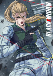  1girl animification belt black_belt black_eyeshadow black_gloves black_widow_(movie) blonde_hair blood blood_on_face blurry blurry_background bullet_hole commentary commission copyright_logo earrings english_commentary eyeshadow floating_hair gloves green_eyes green_vest gun hair_pulled_back handgun highres holding holding_gun holding_weapon hoop_earrings jewelry jhony_caballero jumpsuit logo looking_to_the_side makeup marvel multiple_piercings ponytail red_lips silver_earrings sitting solo suppressor vest weapon white_jumpsuit yelena_belova 