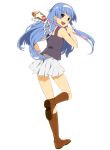  blue_hair boots from_behind highres kannagi long_hair miniskirt nagi open_mouth purple_eyes sama simple_background skirt smile solo violet_eyes wand 