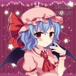  1girl bat_wings blouse blush brooch bust character_name english jewelry looking_at_viewer mob_cap red_eyes remilia_scarlet short_hair smile solo star swami touhou tsurime wings 