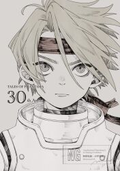 1boy absurdres anniversary armor blonde_hair closed_mouth commentary_request copyright_name cress_albane grey_background hair_between_eyes headband highres looking_at_viewer male_focus mimixxx339 red_headband short_hair solo straight-on tales_of_(series) tales_of_phantasia turtleneck upper_body 