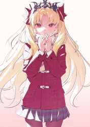  1girl black_skirt black_tiara blonde_hair bow brown_pantyhose commentary_request cowboy_shot ereshkigal_(fate) ereshkigal_(fgo_x_lawson_2018)_(fate) fate/grand_order fate_(series) gradient_background hair_bow hands_up highres jacket long_hair long_sleeves looking_at_viewer miniskirt official_alternate_costume open_mouth pantyhose parted_bangs pink_background plaid_clothes plaid_scarf plaid_skirt pleated_skirt pocket red_bow red_eyes red_jacket rullep scarf sidelocks simple_background skirt solo standing steam tiara watermark wavy_hair white_background yellow_scarf 