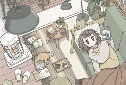  1girl book brown_theme cat chair commentary_request cookie flower_pot food from_above hanging_plant highres indoors lamp looking_at_viewer lying moffmachi original plant potted_plant reading rug shelf slice_of_life slippers space_heater table window 
