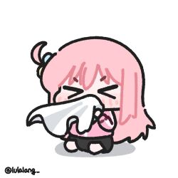  >_< 1girl black_skirt blowing_nose bocchi_the_rock! chibi chibi_only closed_eyes commentary facing_viewer full_body gotoh_hitori highres holding_tissue jacket long_hair lulalang one_side_up pink_hair pink_jacket simple_background sitting skirt solo symbol-only_commentary white_background 