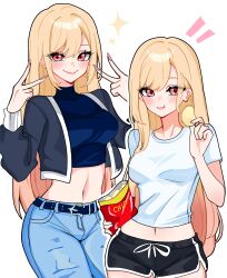  1girl absurdres bag belt black_belt black_shorts blonde_hair blue_pants blue_shirt blush breasts chips_(food) commentary cow crop_top denim double_v eating english_commentary fingernails food grey_jacket hair_between_eyes highres holding holding_bag holding_food jacket jeans kitagawa_marin long_fingernails long_hair looking_at_viewer medium_breasts midriff miovartz multiple_views nail_polish navel pants pink_eyes pink_nails potato_chips shirt short_shorts shorts smile sono_bisque_doll_wa_koi_wo_suru sparkle t-shirt torn_clothes torn_pants turtleneck v white_background white_shirt 