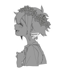  1boy antenna_hair basil_(headspace)_(omori) basil_(omori) blush closed_eyes commentary_request flower_wreath greyscale head_wreath male_focus monochrome omori open_mouth overalls shirt sidelocks simple_background smile solo t-shirt upper_body usagi_uma_te_mu 