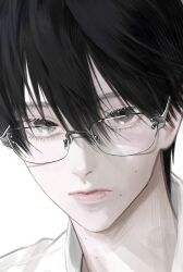  1boy bespectacled black_hair eyelashes glasses grey_eyes hair_between_eyes hashtag-only_commentary highres hikaru_ga_shinda_natsu lips looking_at_viewer male_focus mizunocao mole mole_on_cheek mole_on_neck mole_under_mouth multiple_moles nose_pads portrait rimless_eyewear shirt simple_background solo tsujinaka_yoshiki white_background white_shirt 