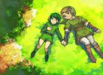  blue_eyes earrings gloves green_eyes green_hair hand_holding holding_hands jewelry link lying muse_(rainforest) nature nintendo ocarina_of_time pointy_ears saria the_legend_of_zelda twilight_princess 