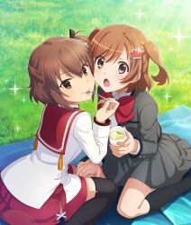  2girls :o aijou_karen banana banana_slice black_ribbon black_socks black_thighhighs blazer blush bottle bow bowtie brown_eyes brown_hair closed_mouth crossover crown_hair_ornament day dot_nose eating etou_kanami food fruit game_cg grass grey_jacket grey_skirt hair_ornament hair_ribbon half_updo hand_on_own_thigh holding holding_bottle holding_spoon jacket kneehighs large_bow long_sleeves looking_at_viewer minoseki_gakuin_uniform multiple_girls official_art on_blanket on_ground one_side_up open_mouth outdoors red_bow red_bowtie red_sailor_collar ribbon sailor_collar shirt short_hair shoujo_kageki_revue_starlight sitting skirt smile socks sparkle spoon sunlight tassel thigh-highs third-party_source toji_no_miko toji_no_miko:_kizamishi_issen_no_tomoshibi two_side_up utensil_in_mouth wariza white_shirt yellow_eyes 
