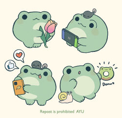  :3 :o :p animal_focus animal_on_head artist_name ayu_(mog) cellphone closed_mouth commentary doughnut english_commentary flower food frog handheld_game_console heart holding holding_donut holding_flower holding_food holding_handheld_game_console holding_phone nintendo_switch no_humans notice_lines on_head open_mouth original phone pink_flower pink_tulip simple_background smartphone snail spoken_heart spoken_thumbs_up tadpole tongue tongue_out tulip watermark white_background 