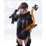  1girl absurdres bangs bird black_hair cybernetic_parts cyberpunk cyborg ear_piercing earrings eyepatch gradient gradient_background hand_in_pocket highres jacket jewelry kasagarasu looking_at_viewer mecha_musume mechanical_arm mechanical_arms mechanical_tail orange_eyes original piercing prosthesis science_fiction short_hair short_hair_with_long_locks slit_pupils solo standing sumi_elias swept_bangs tail 