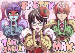  3girls animal_ears aoki_masahiko blue_eyes blue_skin breasts brown_hair cat_ears colored_skin commentary_request dress gloves green_eyes hat large_breasts long_hair looking_at_viewer makeup multicolored_hair multiple_girls official_art okada_yuriko orange_hair pink_hair purple_hair ribbon scarf short_hair toujima_tanzaburou_wa_kamen_rider_ni_naritai twintails upper_body yellow_gloves yellow_scarf yukarisu 