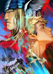  2boys agoatnelson artist_name blonde_hair blue_eyes blue_jacket cape donald_blake dual_persona helmet jacket long_hair male_focus marvel multiple_boys parted_lips portrait profile red_cape shirt short_hair sparkle thick_eyebrows thor_(marvel) thor_(marvel)_(series) white_shirt winged_helmet 