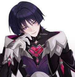  1boy arm_at_side artist_name black_coat black_hair black_sleeves blunt_ends chest_jewel closed_mouth coat collar cosplay durin_(genshin_impact) eyelashes eyeliner eyeshadow finger_to_cheek gem genshin_impact gloves hand_up head_tilt heart-shaped_gem highres illa_ohara lipgloss looking_at_viewer makeup male_focus mini_durin_(genshin_impact) mini_durin_(genshin_impact)_(cosplay) multicolored_hair purple_hair purple_vest red_eyeliner red_eyeshadow red_gemstone scaramouche_(genshin_impact) solo streaked_hair tsurime upper_body vest violet_eyes white_collar white_gloves 