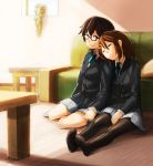  2girls brown_eyes brown_hair couch eyes_closed feet female fukutarou_(enji127) glasses hair_ornament hairclip half_rim_glasses hand_holding hands_clasped head_on_shoulder hirasawa_yui holding_hands interlocked_fingers k-on! kneeling manabe_nodoka multiple_girls pantyhose red-framed_glasses school_uniform semi-rimless_glasses short_hair sitting skirt sleeping smile sofa table under-rim_glasses yuri 