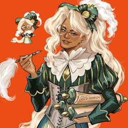  1boy :d aegyo_sal asymmetrical_bangs blonde_hair bow brown_eyes collared_shirt commentary cookie_run cookie_run:_kingdom corset cross-laced_clothes cross-laced_corset curtained_hair dark-skinned_male dark_skin earrings eclair_cookie english_commentary food-themed_hat frilled_shirt_collar frills green_bow green_hat green_shirt green_skirt grey_corset grin hair_behind_ear hand_up hat hat_feather high_ponytail holding holding_quill holding_scroll humanization jewelry juliet_sleeves light-skinned_palms lips long_hair long_sleeves looking_at_viewer male_focus monocle nail_polish nijuuni official_art_inset ponytail puffy_sleeves quill red_background reference_inset scroll shirt simple_background skirt smile solo striped_bow striped_clothes striped_shirt trap twitter_username two-tone_bow two-tone_shirt upper_body vertical-striped_clothes vertical-striped_shirt very_long_hair yellow_bow yellow_nails yellow_shirt 