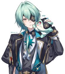  1boy anaxa_(honkai:_star_rail) aqua_hair ascot black_corset black_jacket blue_eyes chain chimera_(honkai:_star_rail) commentary_request corset creature earrings eyepatch gem hair_between_eyes hair_intakes hand_up highres honkai:_star_rail honkai_(series) jacket jewelry kimo_ooi lapels male_focus mandarin_collar medium_hair notched_lapels one_eye_covered parted_lips pink_pupils red_gemstone shirt side_ponytail simple_background single_earring solo sweatdrop twitter_username upper_body white_ascot white_background white_shirt 