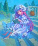  absurdres acrylic_paint_(medium) ama-tou blue book crescent flower hat highres light_smile long_hair patchouli_knowledge pink_hair plant potted_plant purple_hair reading sitting solo stairs touhou traditional_media tree 