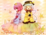  :d brown_eyes closed_eyes eyes_closed flower hat highres komeiji_koishi komeiji_satori long_sleeves multiple_girls open_mouth pink_hair profile short_hair siblings sisters smile third_eye touhou umeko_(konyan219) 