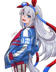  1girl animal_ears ayrw7t1 belt blue_eyes blue_hairband blue_jacket bow brooch commentary_request crop_top ear_bow ear_covers ear_ornament grey_hair grey_tail hair_between_eyes hairband headband highres horse_ears horse_girl horse_tail jacket jewelry long_hair long_sleeves pants red_belt red_headband smile star_brooch striped_clothes striped_hairband tail tamamo_cross_(umamusume) tamamo_cross_(with_lightning_speed)_(umamusume) umamusume very_long_hair white_pants 